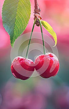 Close-up of a cherry tree hanging vertically down on a branch with green leaves. Cherry Orchard