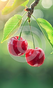 Close-up of a cherry tree hanging vertically down on a branch with green leaves. Cherry Orchard