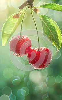 Close-up of a cherry tree hanging vertically down on a branch with green leaves. Cherry Orchard