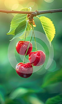 Close-up of a cherry tree hanging vertically down on a branch with green leaves. Cherry Orchard