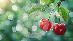 Close-up of a cherry tree hanging vertically down on a branch with green leaves. Cherry Orchard. Free space for your