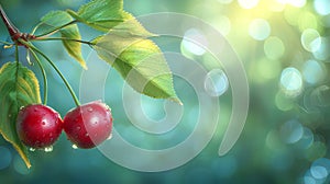 Close-up of a cherry tree hanging vertically down on a branch with green leaves. Cherry Orchard. Free space for your