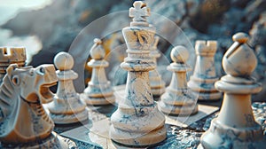 A close up of a chess set with pieces on the board, AI