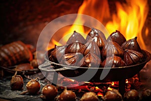close-up of chestnuts roasting on open fire