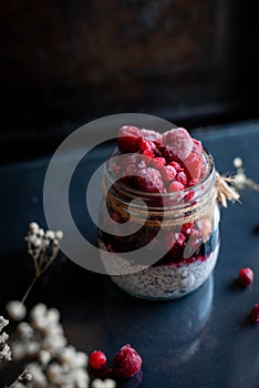 Close-up of chia seed pudding with mixed berries