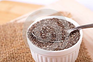 Close up Chia seeds in spoon , superfood and rich of nutrient an antioxidant