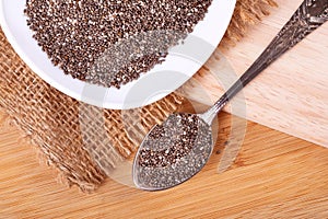 Close up Chia seeds in  spoon , superfood and rich of nutrient an antioxidant