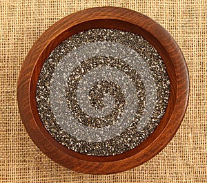 Close Up Of Chia Seeds In Wooden Bowl