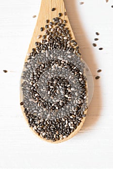 Close up Chia seeds in wooden spoon