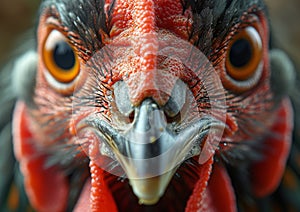 Close-up of chicken's face. A rooster with red comb and yellow beak