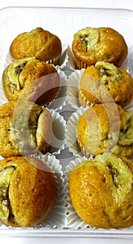 Close up Chiffon Banana cake with sweet caramel, bakery homemade sweetless and delicious.
