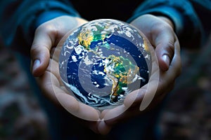 Close up of child hands holding earth globe in dark. Environment conservation concept