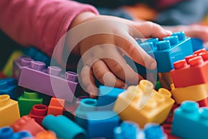 Close up of child hands playing with colorful building blocks. Preschool kid building tower with plastic blocks at home