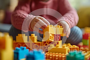 Close up of child hands playing with colorful building blocks. Preschool kid building tower with plastic blocks at home