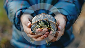 close-up of a child holding a turtle. Selective focus