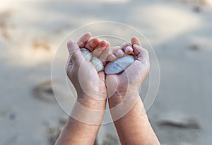 Close up child`s hand holding seashell