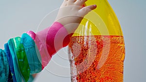 Close-up of a child& x27;s hand reaching towards a large soda bottle