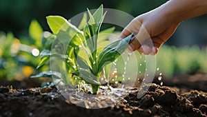 Close-up of a child's hand watering a young plant