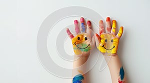 Close up child\'s hands creatively painted with bright colors and smiling face