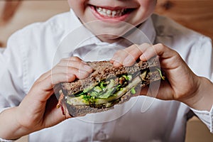 Close up, child with vegetarian sandwich with whole grain bread,