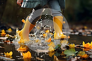 Close up of child with yellow rubber boots walking through water puddle