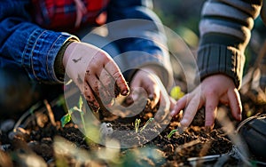 Close up of children hands planting plants in the soil, gardening in the backyard, childhood in the village or on the