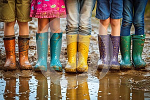 Close-up on children legs in colorful wellie boots standing in a puddle. Kids jumping over puddles in colorful rain boots