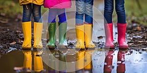 Close-up on children legs in colorful wellie boots standing in a puddle. Kids jumping over puddles in colorful rain boots