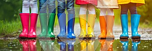Close-up on children legs in colorful wellie boots standing in a puddle. Kids jumping over puddles in colorful rain boots