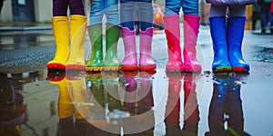 Close-up on children legs in colorful wellie boots standing in a puddle. Kids jumping over puddles in colorful rain boots