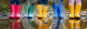 Close-up on children legs in colorful wellie boots standing in a puddle. Kids jumping over puddles in colorful rain boots