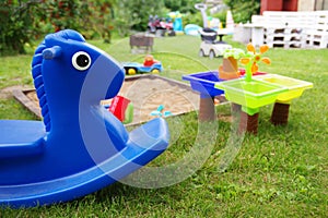 Close-up of children`s sandbox in a playground