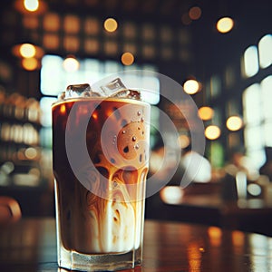 Close-up of a chilled iced coffee in a tall glass, with a softly blurred cafe setting behind it.. AI generated.
