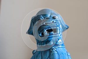 Close Up of Chinese Blue Porcelain Foo Dog