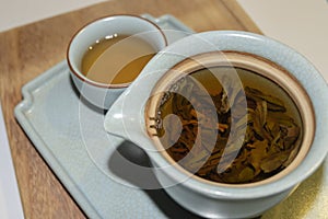 Close-up of Chinese oolong tea, being brewed