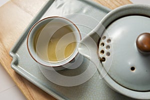 A close-up of Chinese oolong tea soup