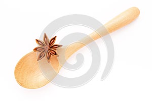 Close up chinese star anise in wooden spoon isolate on white background. Dried star anise spice fruits top view and copy space