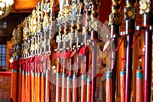 Close-up of Chinese traditional ornate cold weapon spear