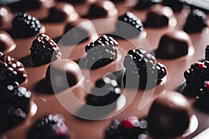 A close up chocolate bar with blackberries on top. World Chocolate Day