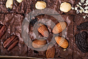 Close up.Chocolate brownies cake, dessert with nuts