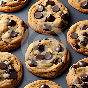 Close Up of Chocolate Chip Cookies on a Grey Surface Generative AI