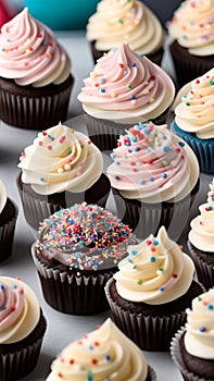 a close-up of a chocolate cupcake with frosting and sprinkles illustration Artificial Intelligence artwork generated