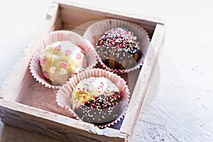 Close up of chocolate cupcakes.