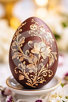 Close-up chocolate Easter egg with edible gold leaf design