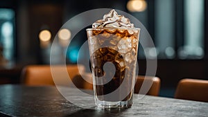 Close-up of chocolate ice with cream on blurry cafe interior background. A glass of iced chocolate coffee on an elegant wooden