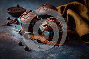 Close up of chocolate muffins. Pieces of milk chocolate on top of cupcakes. Cocoa powder in the background.