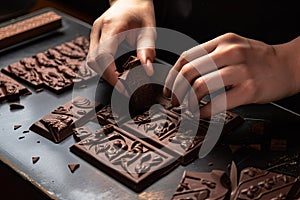 close-up of chocolatier& x27;s hands, molding chocolate into delicate shapes and patterns