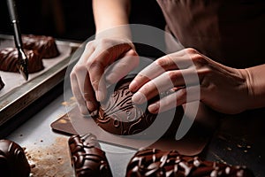 close-up of chocolatier& x27;s hands, shaping chocolate into delicate shapes and textures