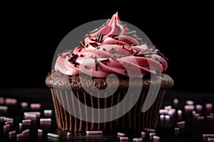 close-up of chocolaty cupcake, with pink frosting and sprinkles