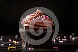 close-up of chocolaty cupcake, with pink frosting and sprinkles